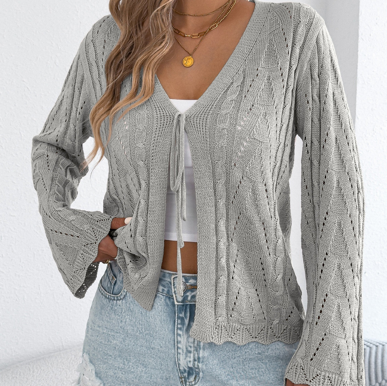 Hollow-out Lace-up Flared-sleeve Knit Top