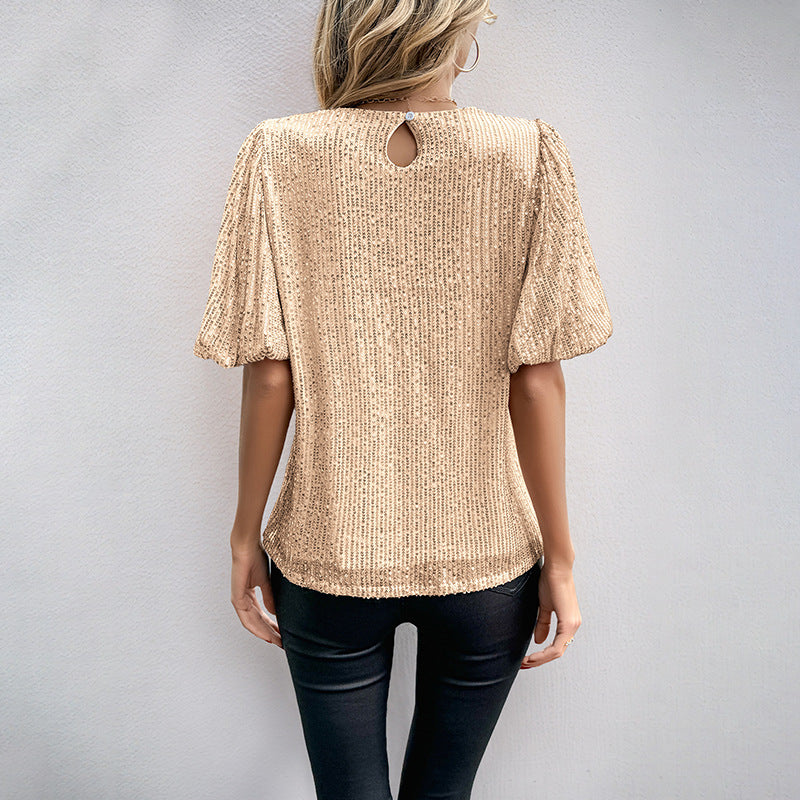 Bell Sleeve Round Neck Sequins T-shirt