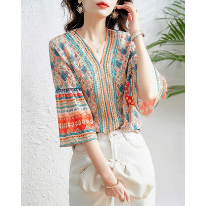 V-neck Loose Flare Three-quarter Sleeve Blouse