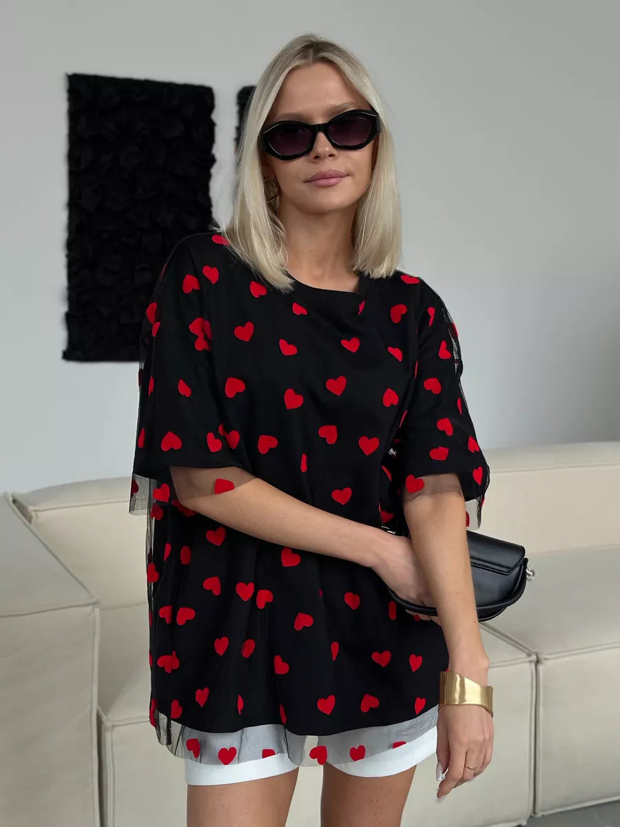 Love Mesh Stitching Loose Basic T-shirt