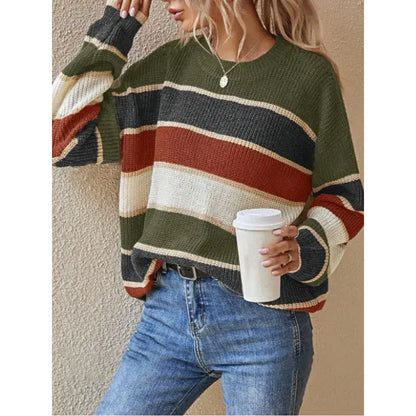 Drop-Shoulder Striped Color Block Sweater