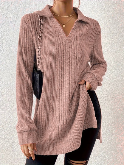 V-neck Reverse Collar Long-sleeve Pullover