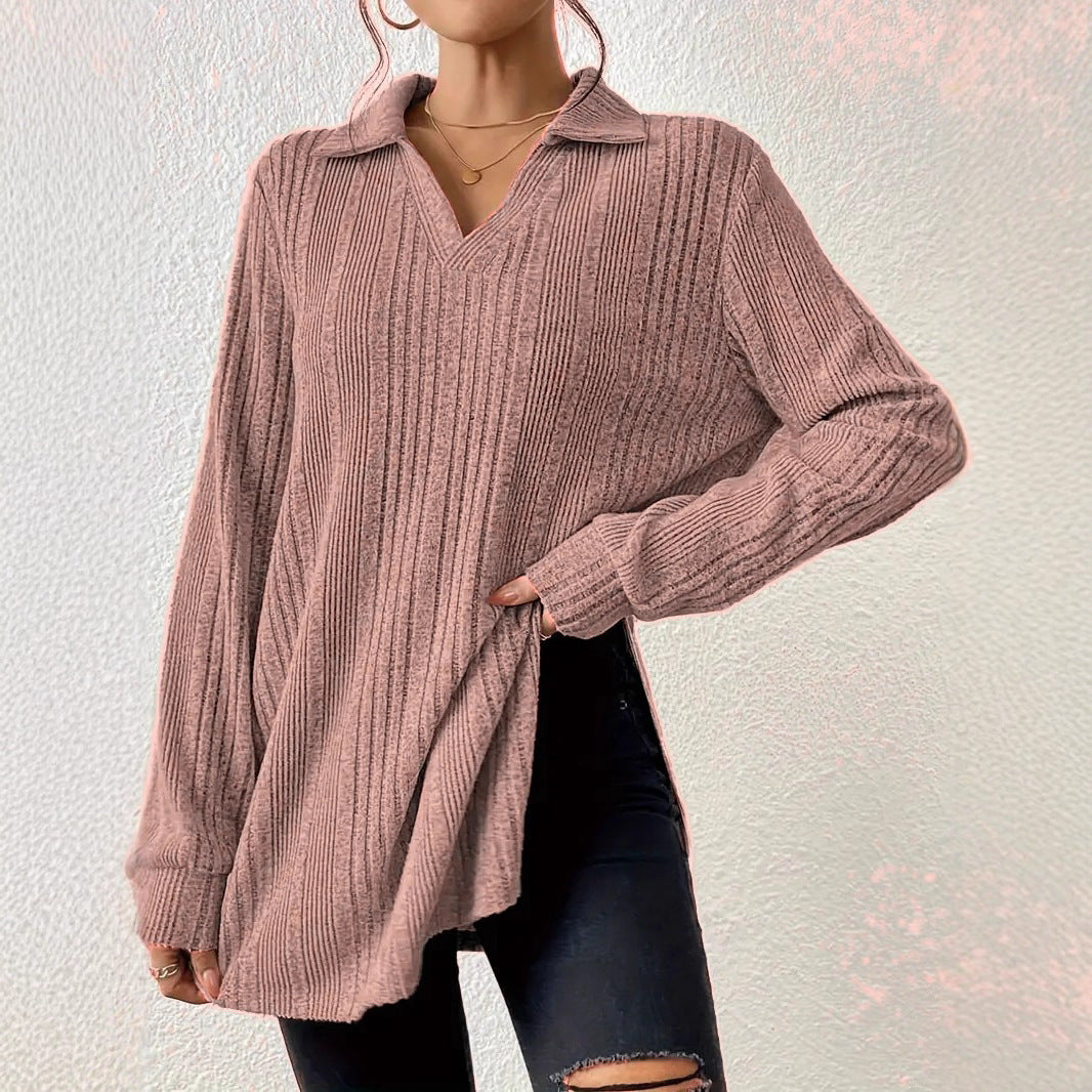 V-neck Reverse Collar Long-sleeve Pullover
