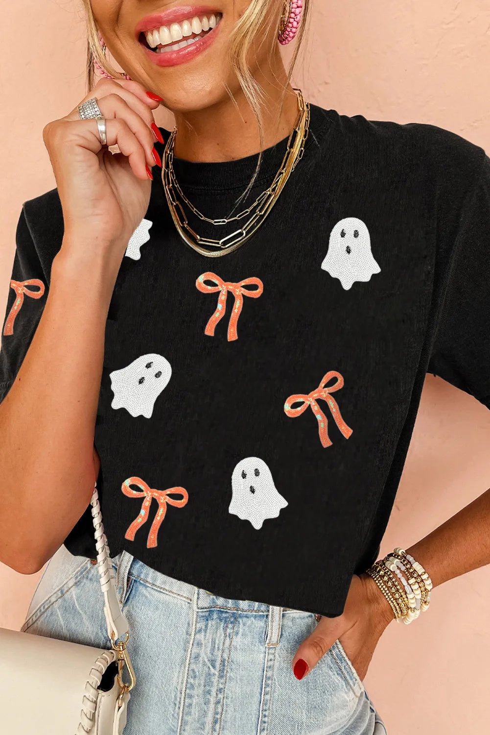 Black Sequin Bow Ghost Patched Graphic Tee
