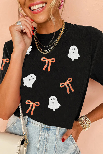 Black Sequin Bow Ghost Patched Graphic Tee