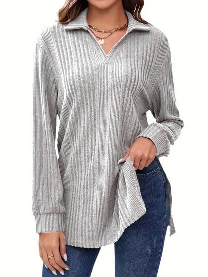 V-neck Reverse Collar Long-sleeve Pullover