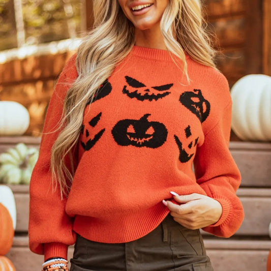 Pumpkin Face Pattern Drop Shoulder Sweater