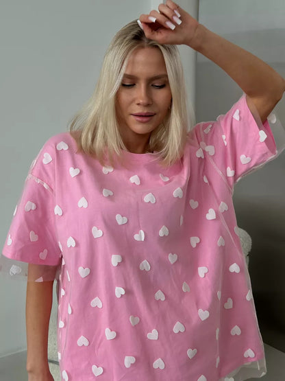 Love Mesh Stitching Loose Basic T-shirt