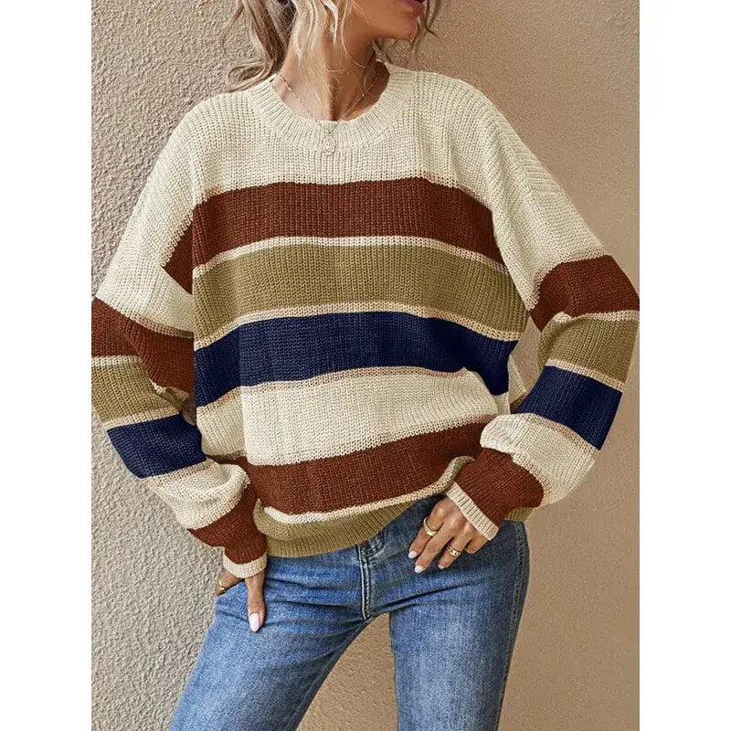Drop-Shoulder Striped Color Block Sweater