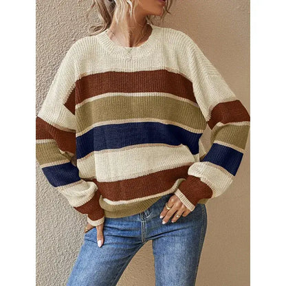 Drop-Shoulder Striped Color Block Sweater