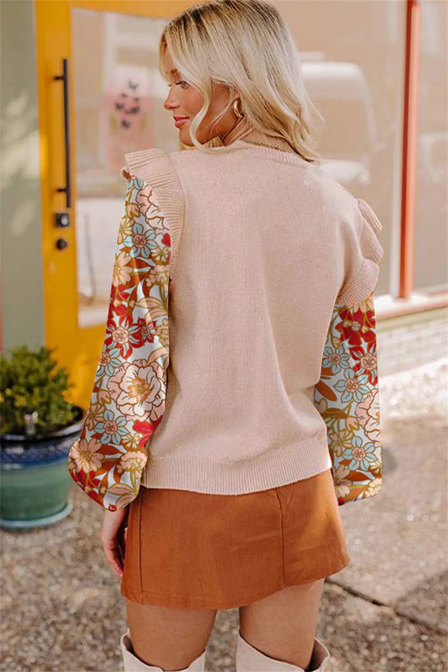Parchment Knit Contrast Floral Sleeve Patchwork Sweater