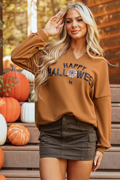 Chestnut Sequin Graphic Long Sleeve Loose Top