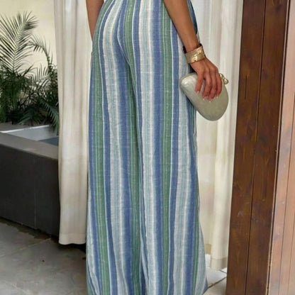 High Waist Striped Cotton And Linen Trousers