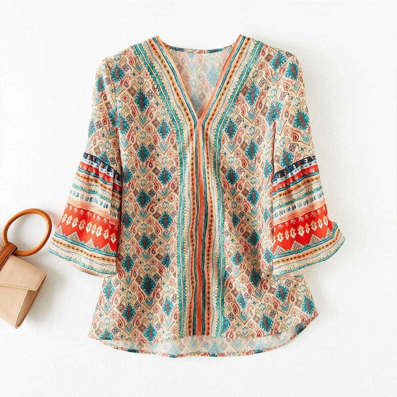 V-neck Loose Flare Three-quarter Sleeve Blouse