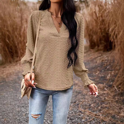 Long Sleeve V-neck Smocking Top