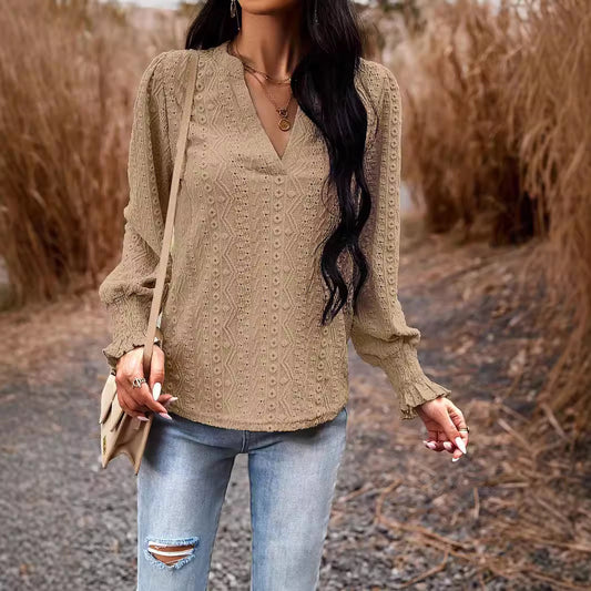 Long Sleeve V-neck Smocking Top
