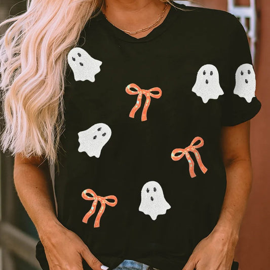 Black Sequin Bow Ghost Patched Graphic Tee