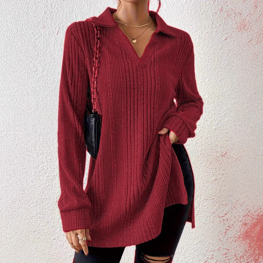 V-neck Reverse Collar Long-sleeve Pullover