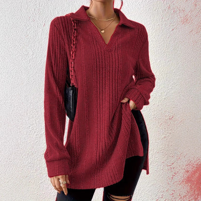 V-neck Reverse Collar Long-sleeve Pullover