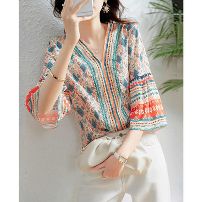 V-neck Loose Flare Three-quarter Sleeve Blouse