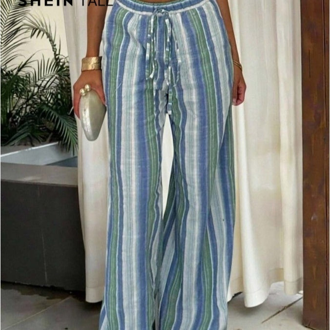 High Waist Striped Cotton And Linen Trousers