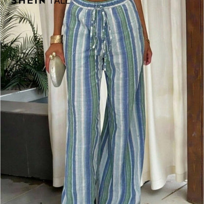 High Waist Striped Cotton And Linen Trousers