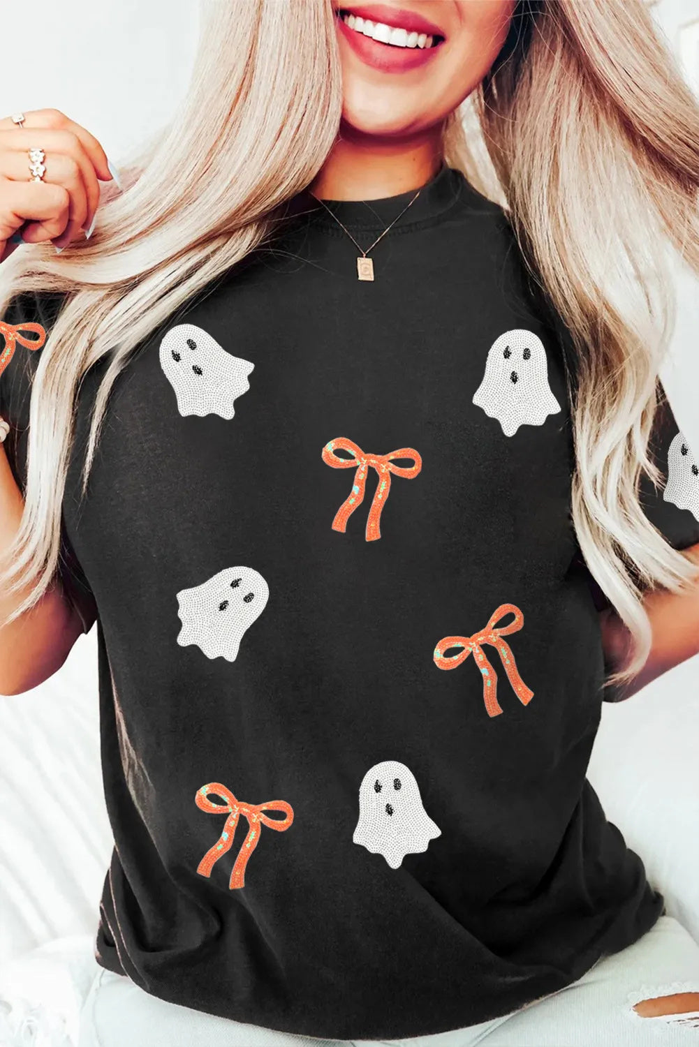 Black Sequin Bow Ghost Patched Graphic Tee