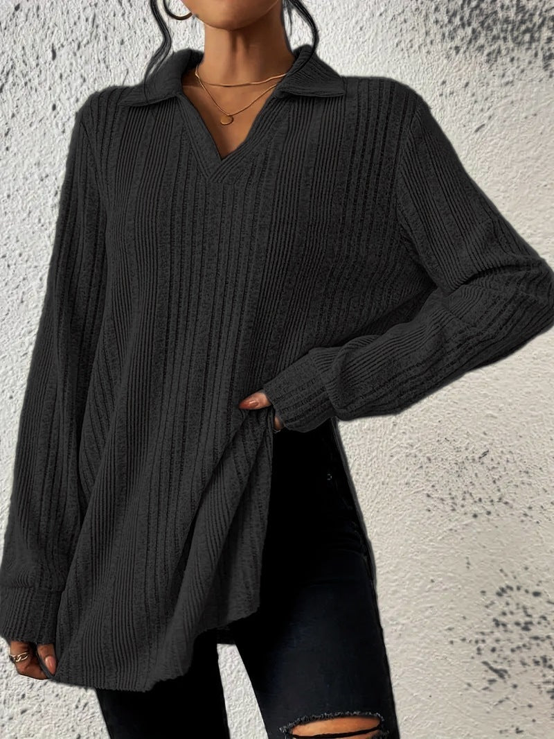 V-neck Reverse Collar Long-sleeve Pullover