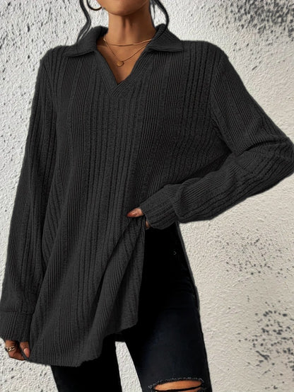 V-neck Reverse Collar Long-sleeve Pullover