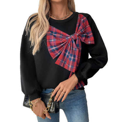 Round Neck Cashmere Plaid Bow Patchwork Sweater
