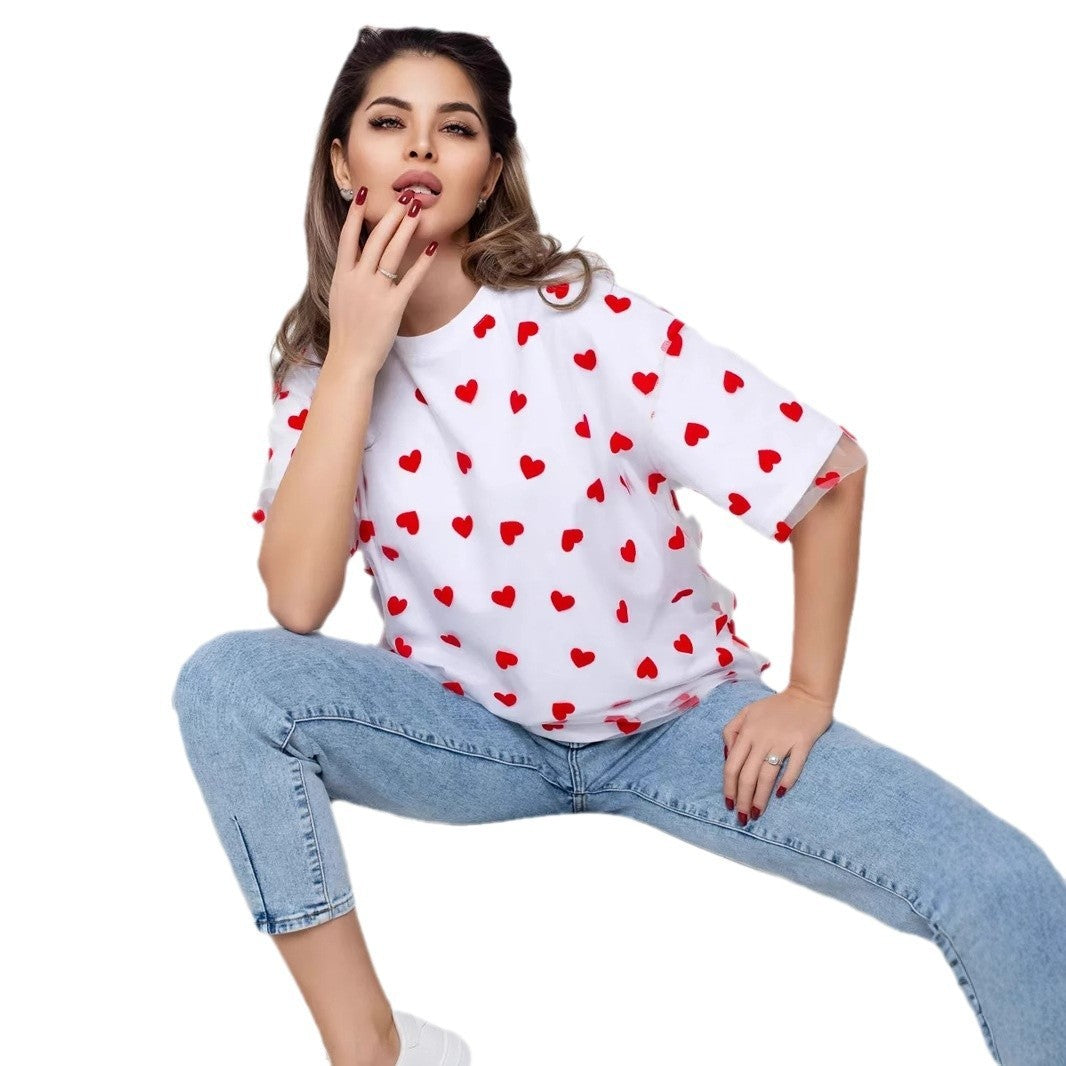 Love Mesh Stitching Loose Basic T-shirt