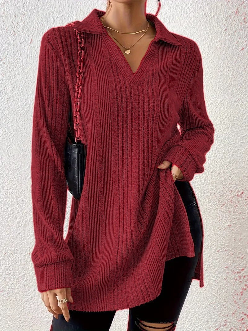 V-neck Reverse Collar Long-sleeve Pullover