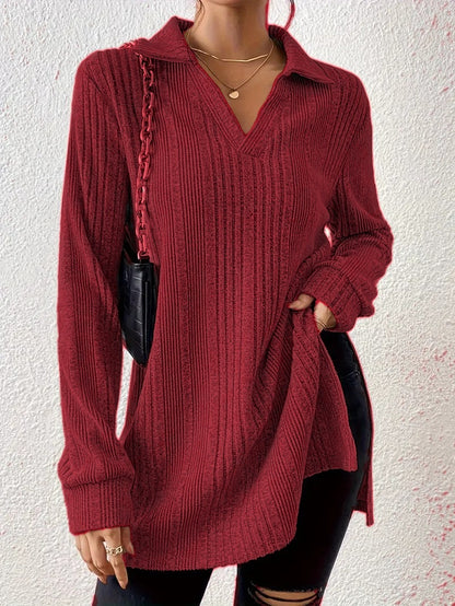 V-neck Reverse Collar Long-sleeve Pullover