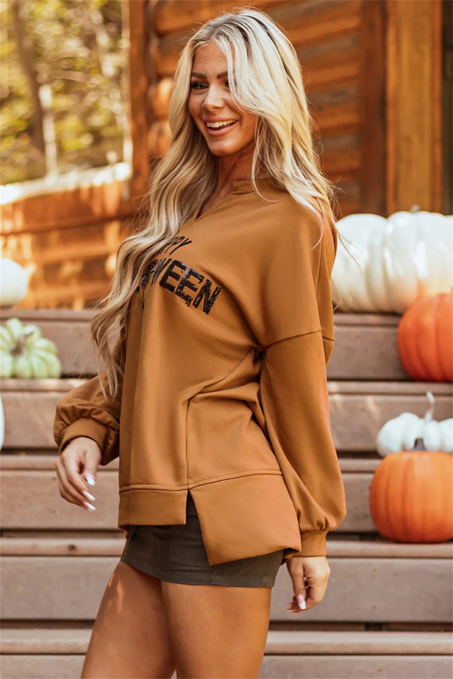 Chestnut Sequin Graphic Long Sleeve Loose Top