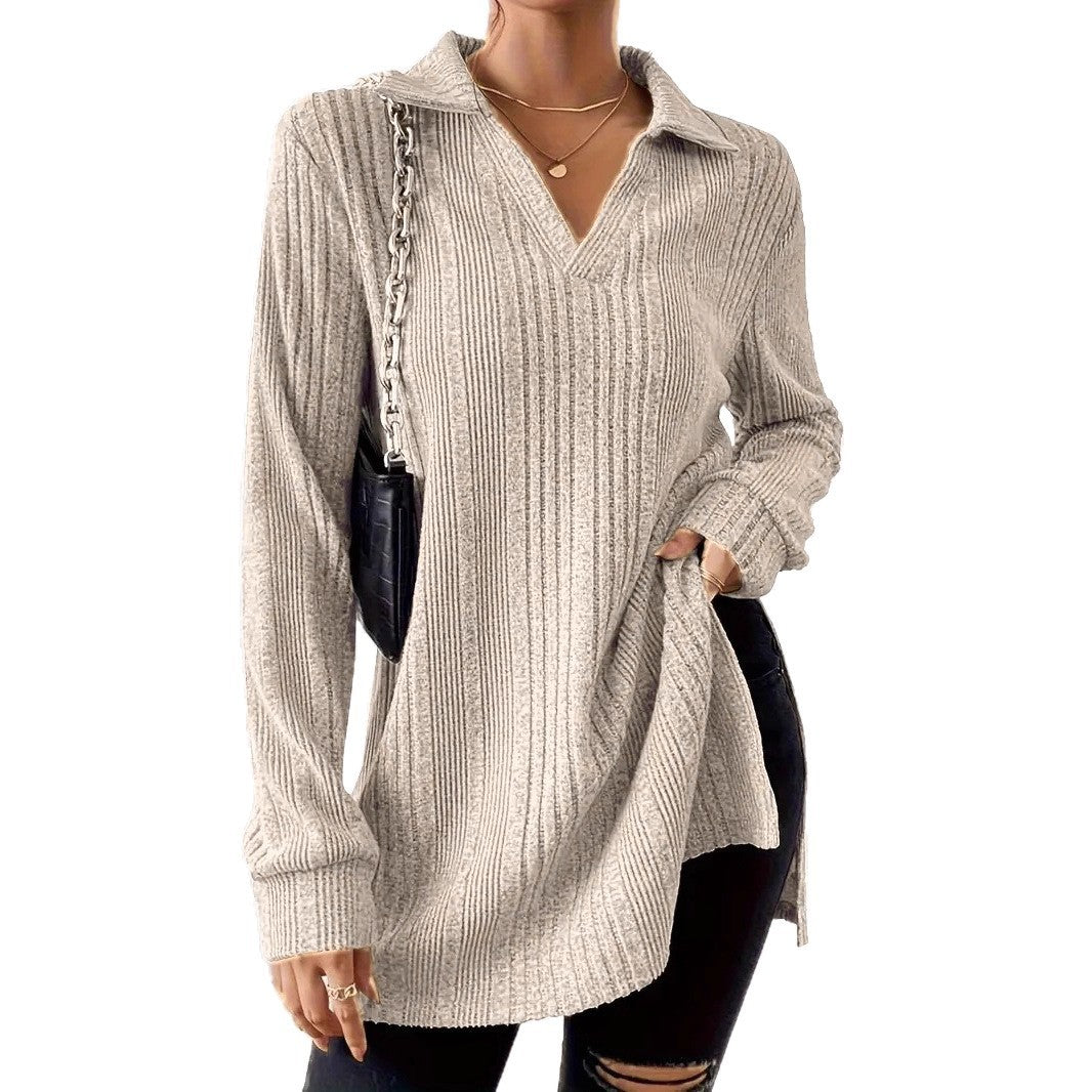 V-neck Reverse Collar Long-sleeve Pullover