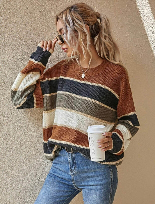 Drop-Shoulder Striped Color Block Sweater