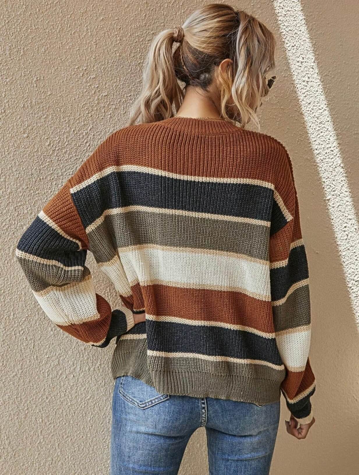 Drop-Shoulder Striped Color Block Sweater