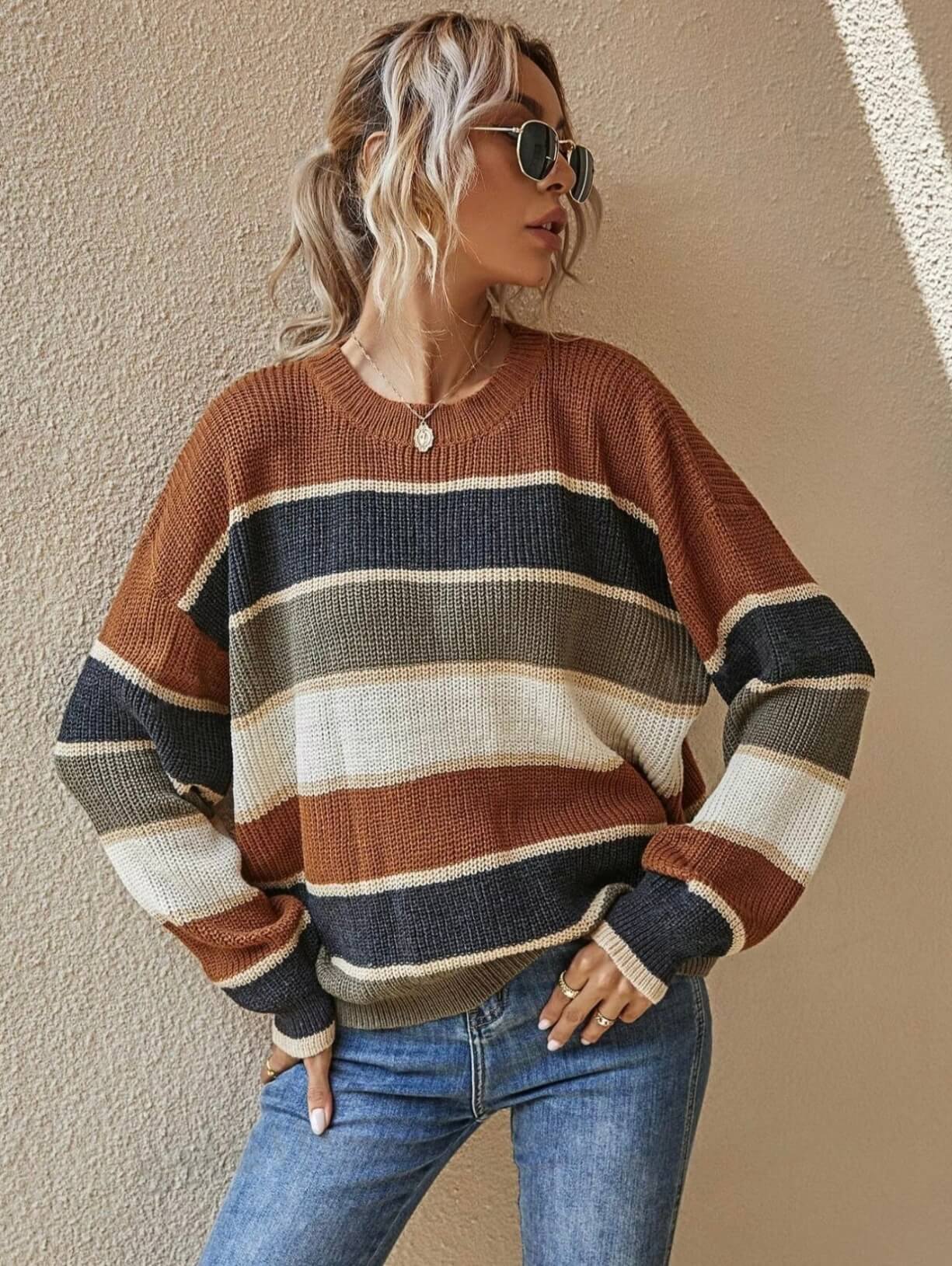 Drop-Shoulder Striped Color Block Sweater