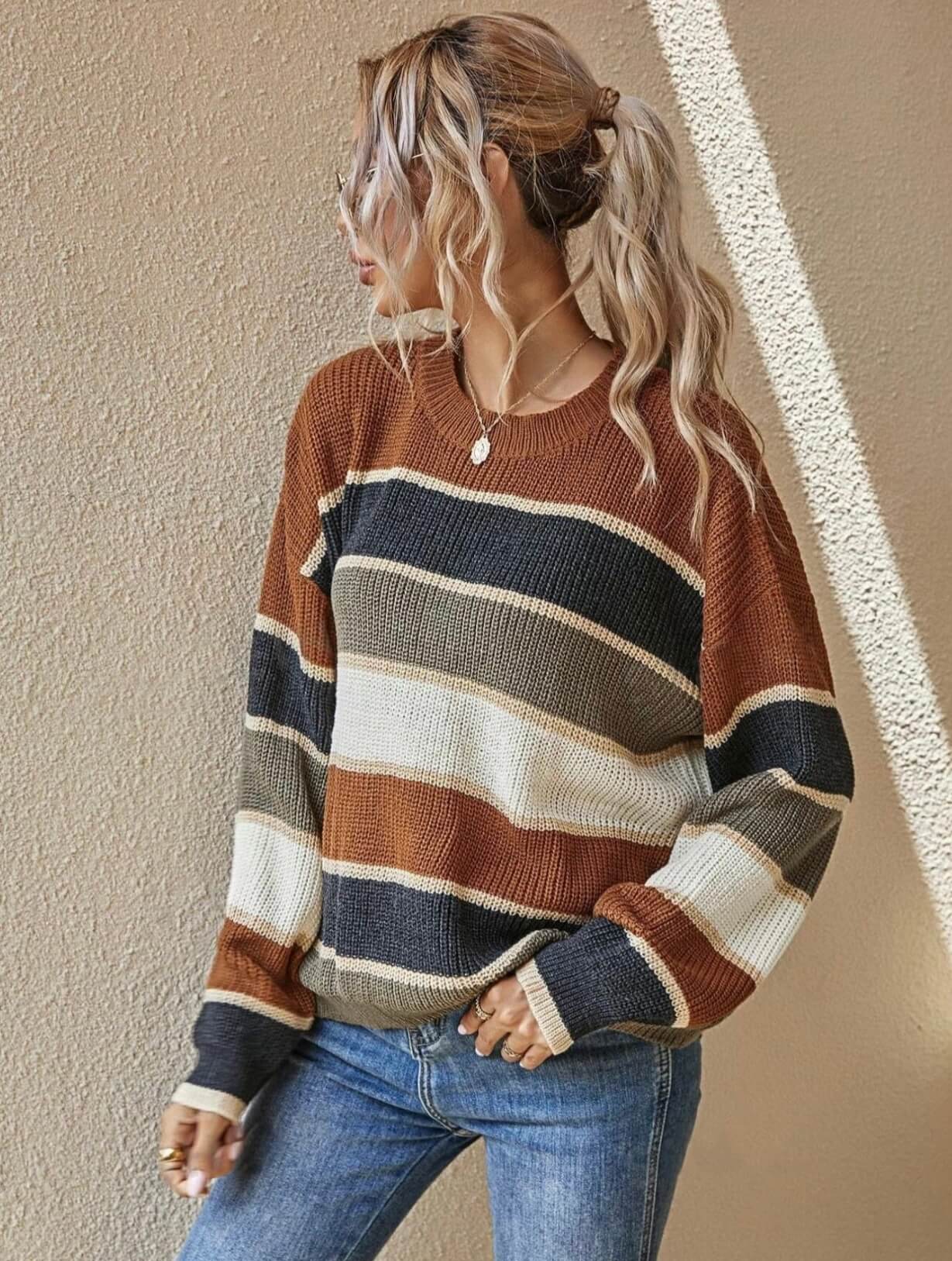 Drop-Shoulder Striped Color Block Sweater