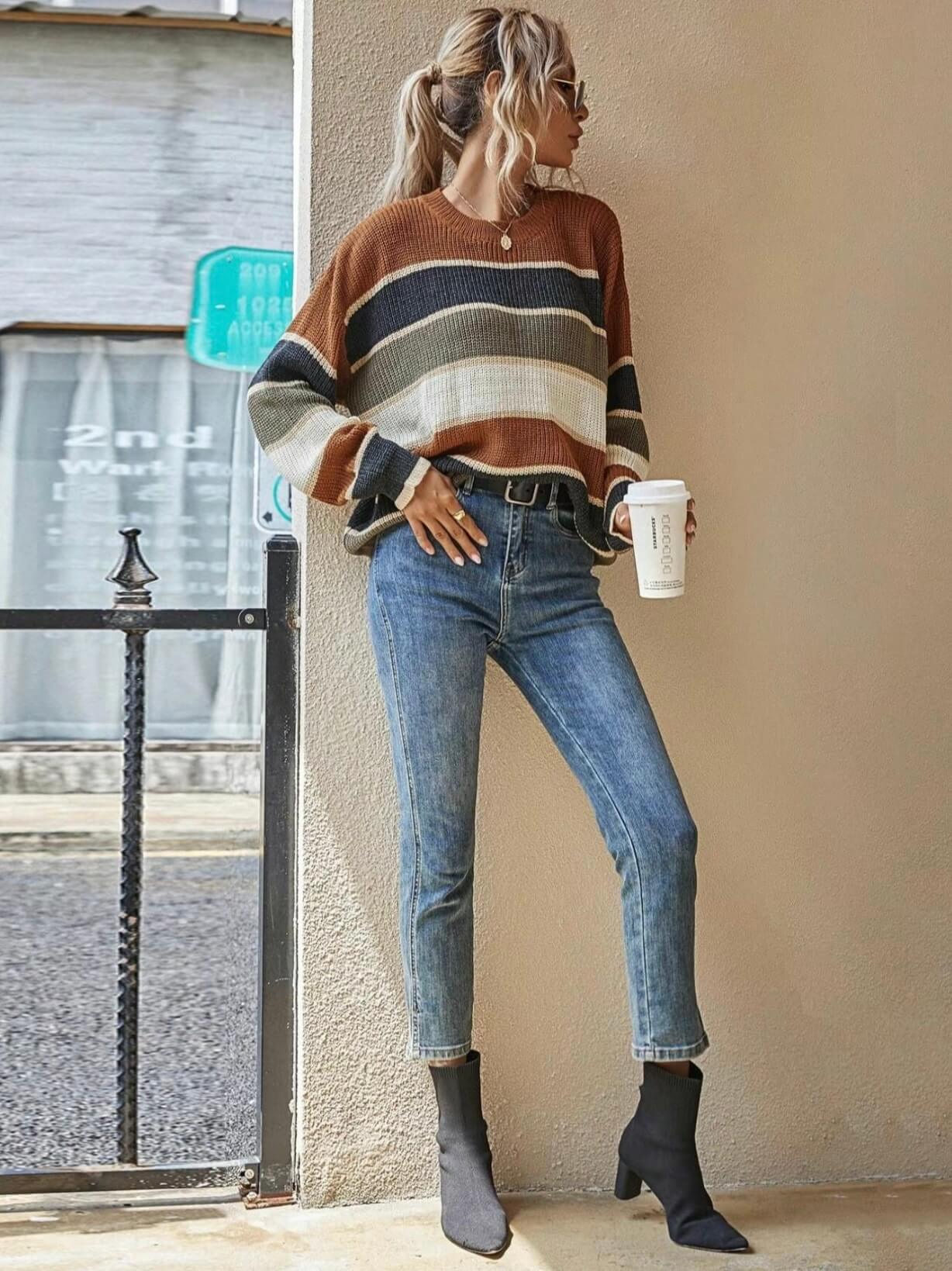 Drop-Shoulder Striped Color Block Sweater
