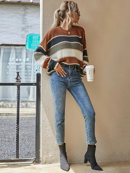 Drop-Shoulder Striped Color Block Sweater