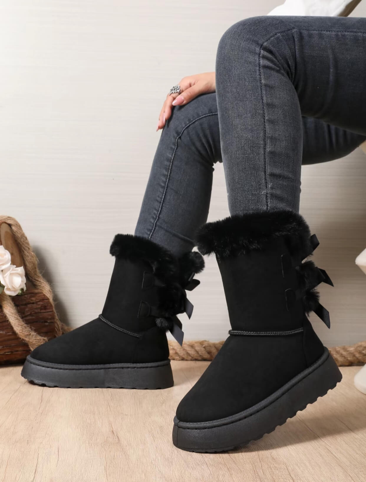 Winter Bowknot Plush Snow Boots