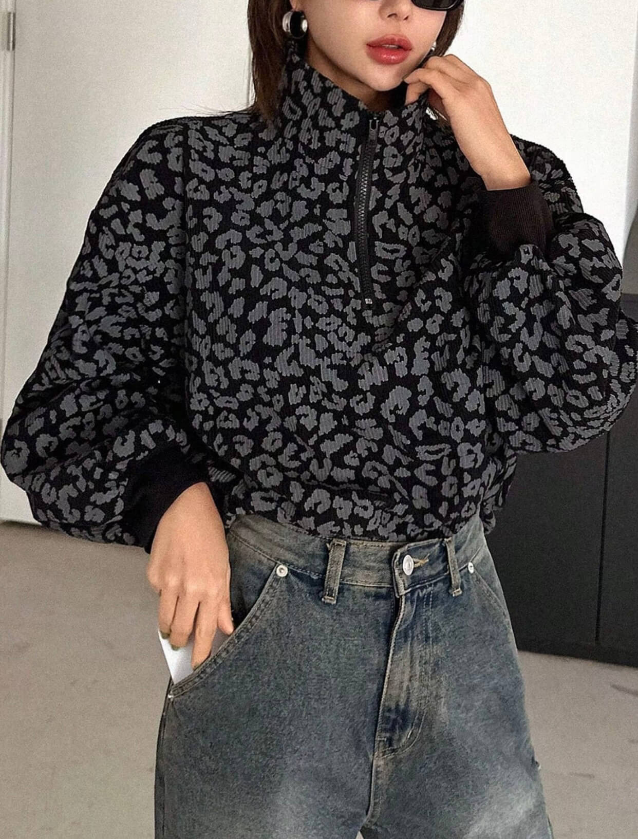 Leopard Print Quarter Zip Sweatshirt