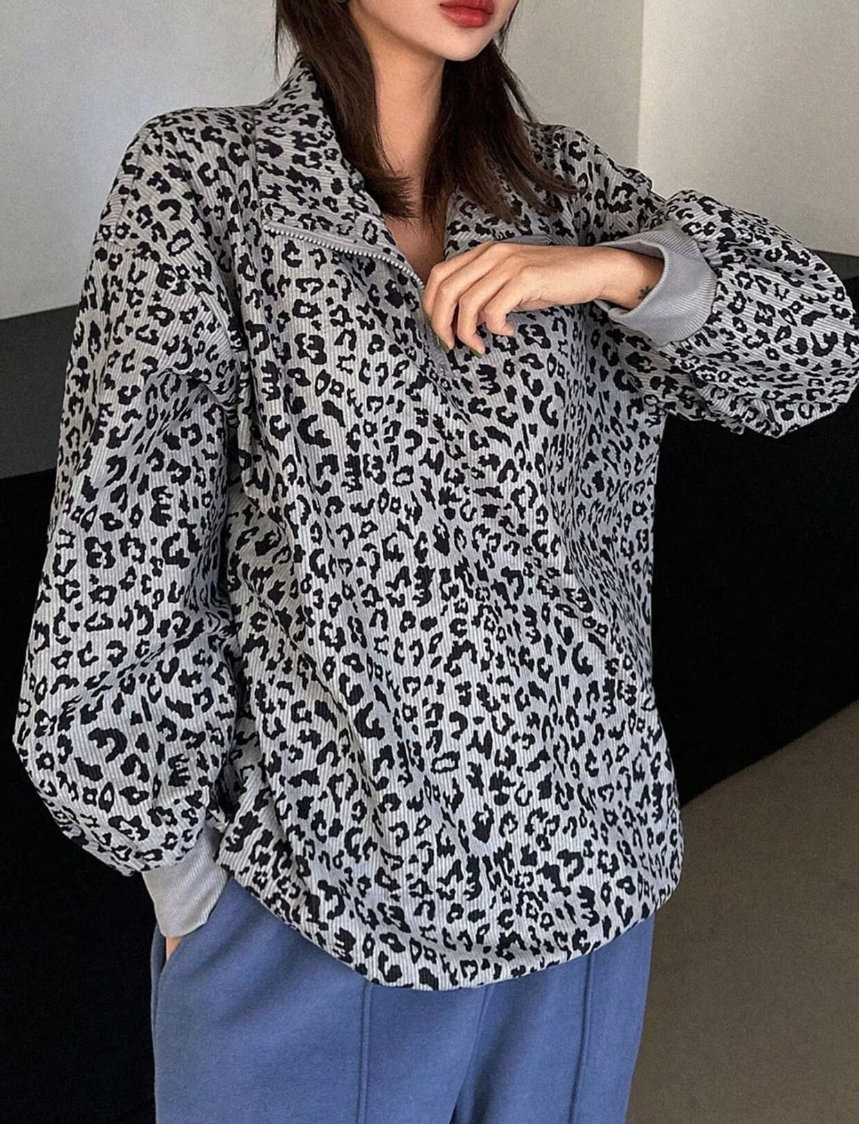 Leopard Print Quarter Zip Sweatshirt