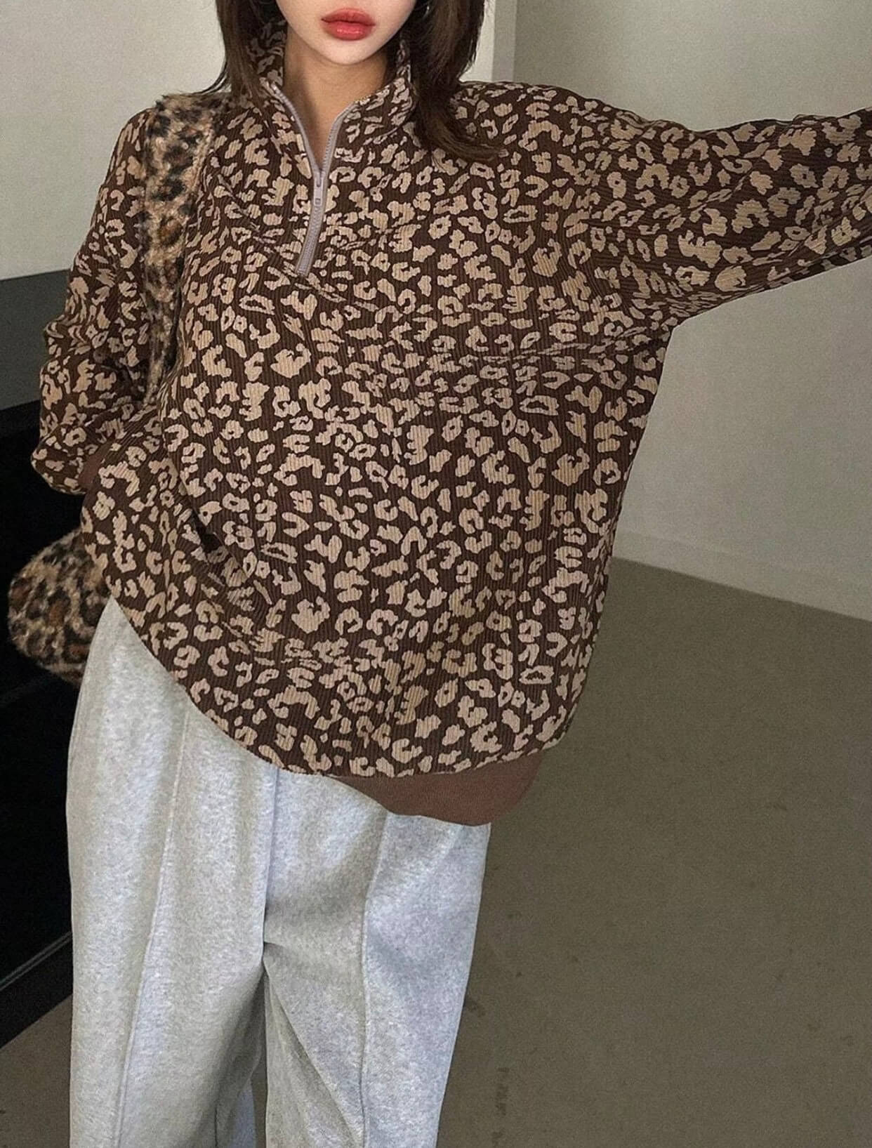 Leopard Print Quarter Zip Sweatshirt