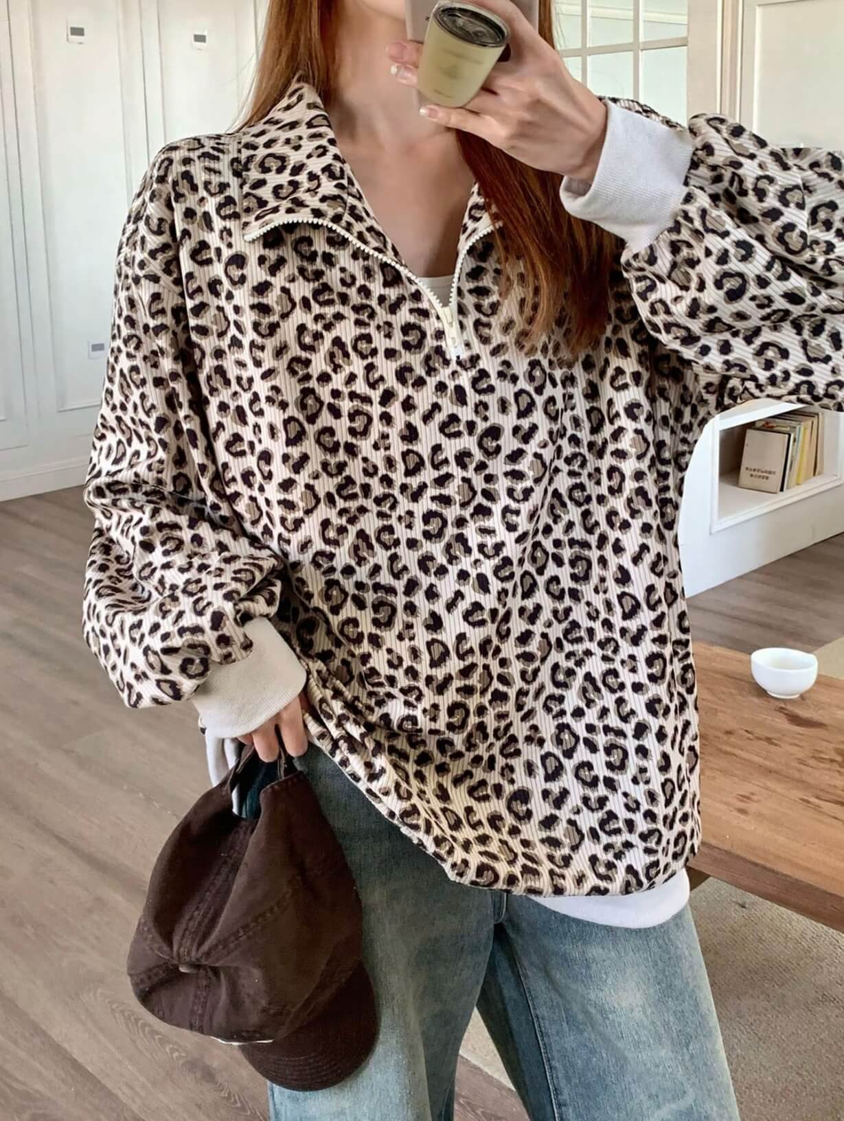 Leopard Print Quarter Zip Sweatshirt