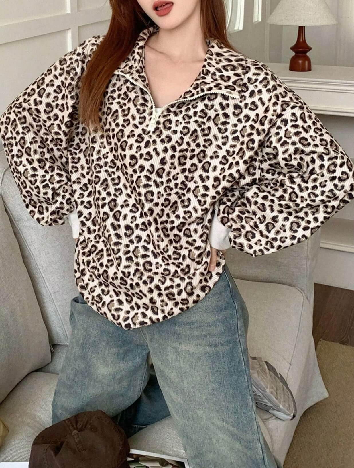 Leopard Print Quarter Zip Sweatshirt