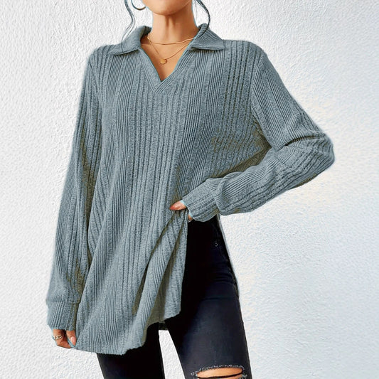 V-neck Reverse Collar Long-sleeve Pullover