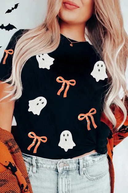 Black Sequin Bow Ghost Patched Graphic Tee