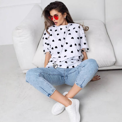 Love Mesh Stitching Loose Basic T-shirt
